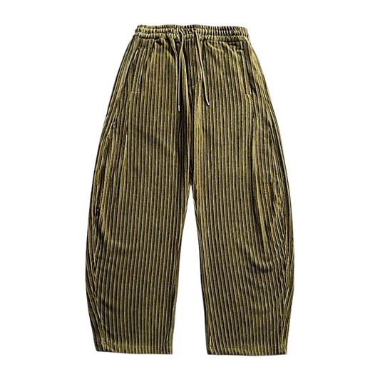 Wide wale striped corduroy with barrel leg